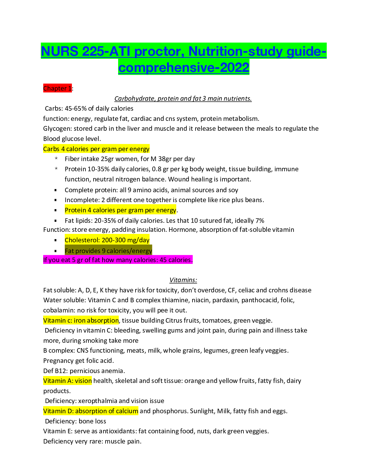 Preview of NURS 225-ATI proctor, Nutrition-study guide-comprehensive-2022
